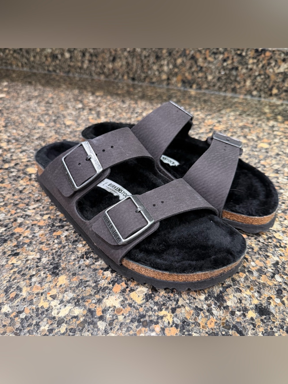 Birkenstock Arizona Suede Two-Strap Slide in Blackish brown 39